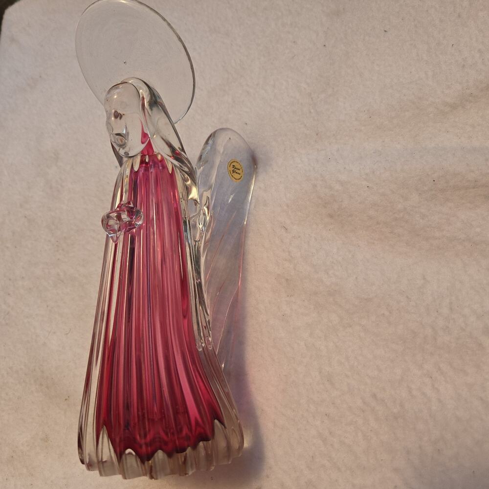 Rossi Cranberry to Clear Art Glass Praying Christmas Angel Figurine